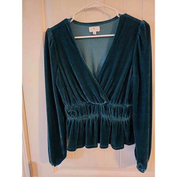 True Craft long sleeve velvet peplum blouse in a deep teal color Medium - Picture 2 of 4